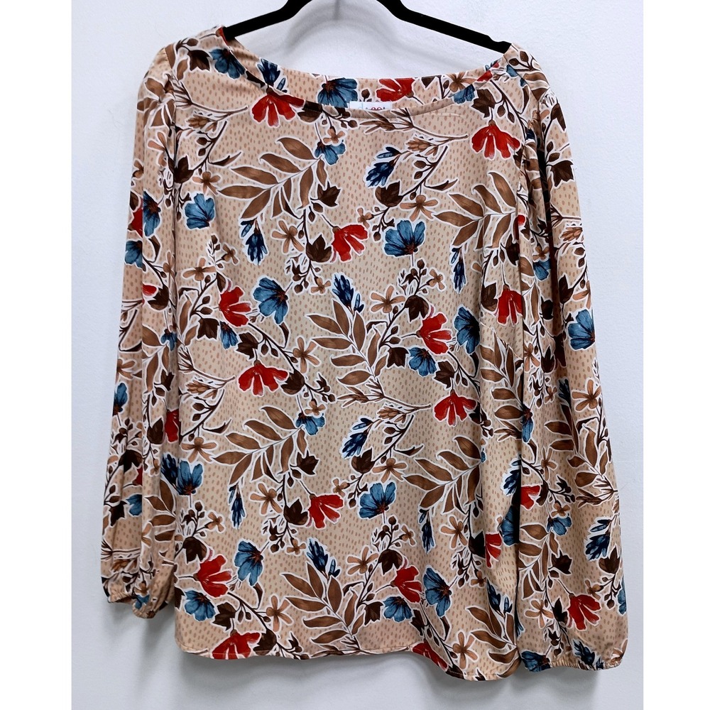 Denim & Co Floral Blouse Top Womens 1X Tan Long Sleeve BOHO Cottage Casual